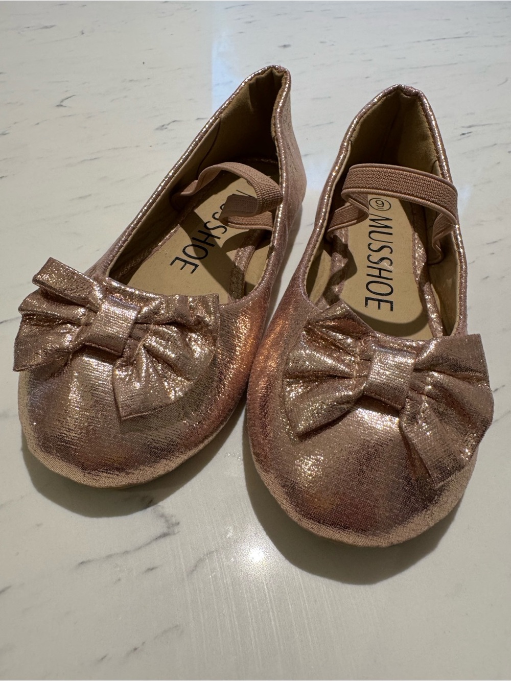Girls Shimmery Rose Gold Ballet Flats with Bow